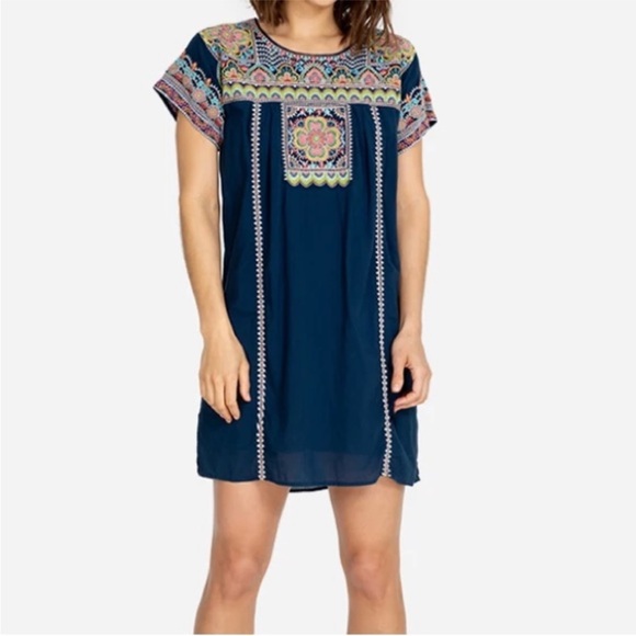 Johnny Was Tamia Peasant Tunic Dress Embroidered Multi Navy Blue XS - Picture 1 of 8